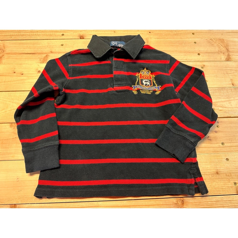 Kids Polo Ralph Lauren Rugby‎ Shirt Long Sleeve Black Red Stripe Crest Logo 4T